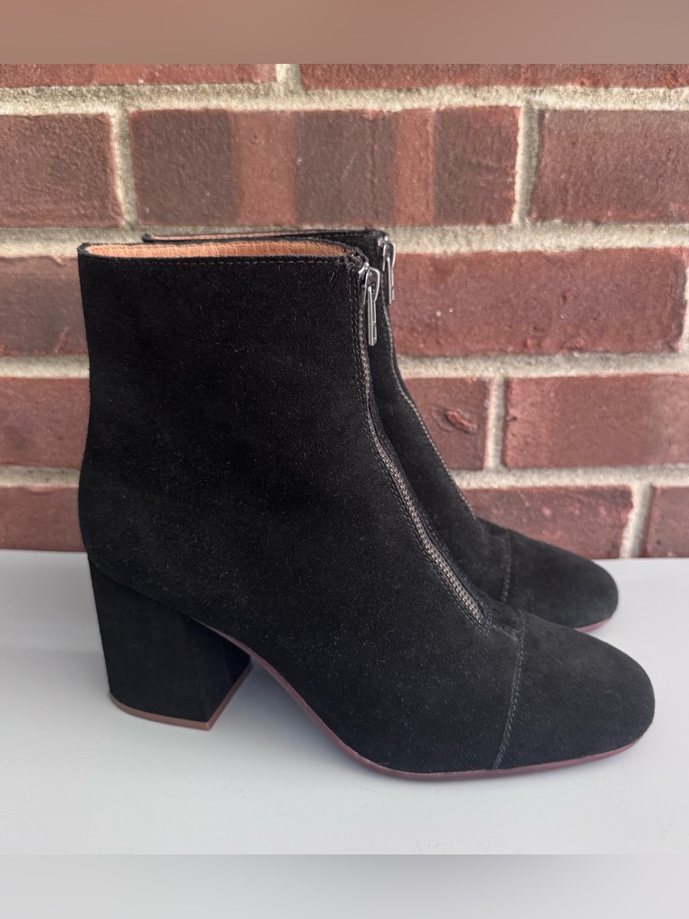 Madewell The Amalia Women’s US 7 Black Suede Ankle Boots Front Zip Block Heel. I